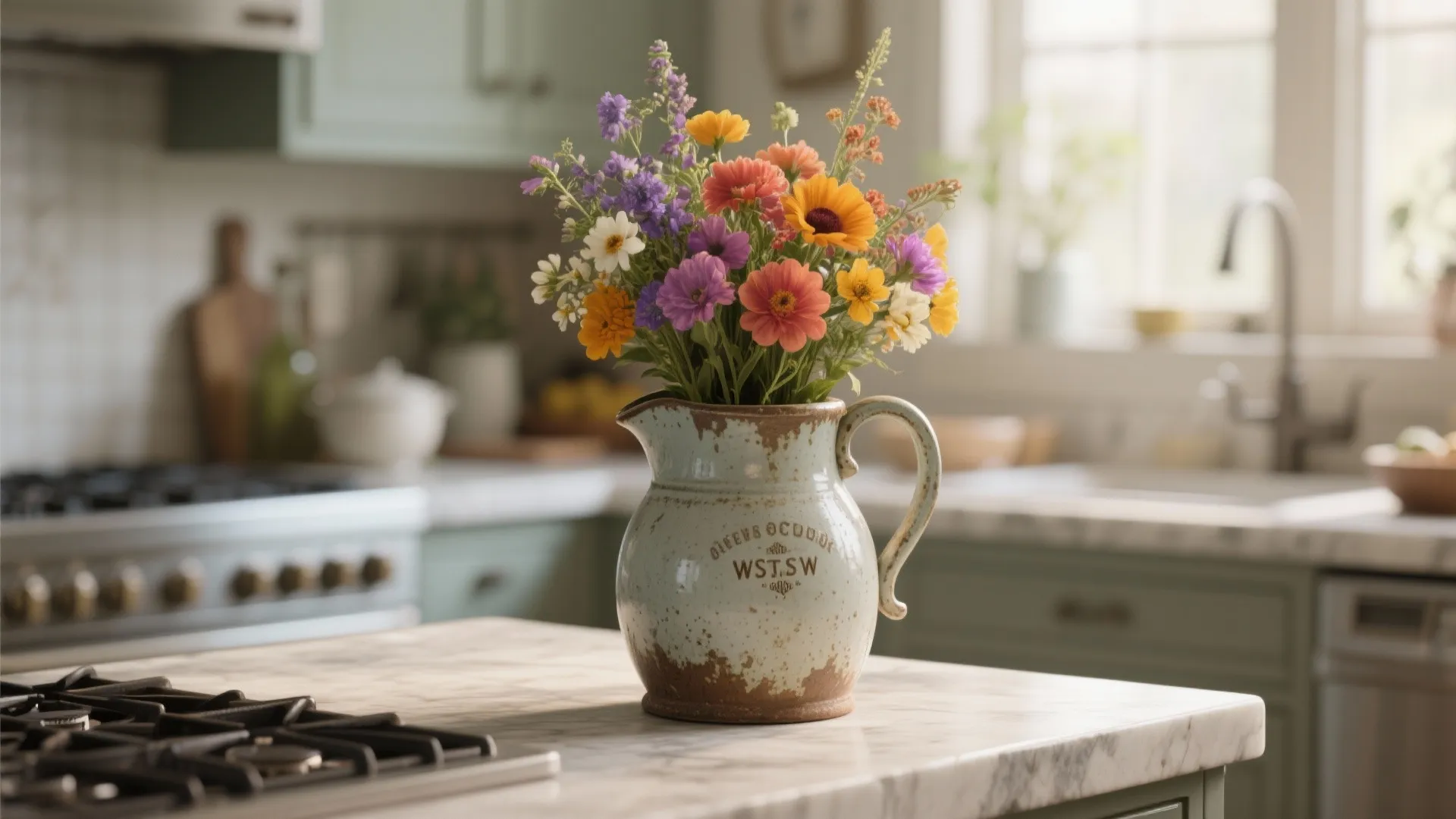 Vintage ceramic pitcher repurposed as vase on kitchen island