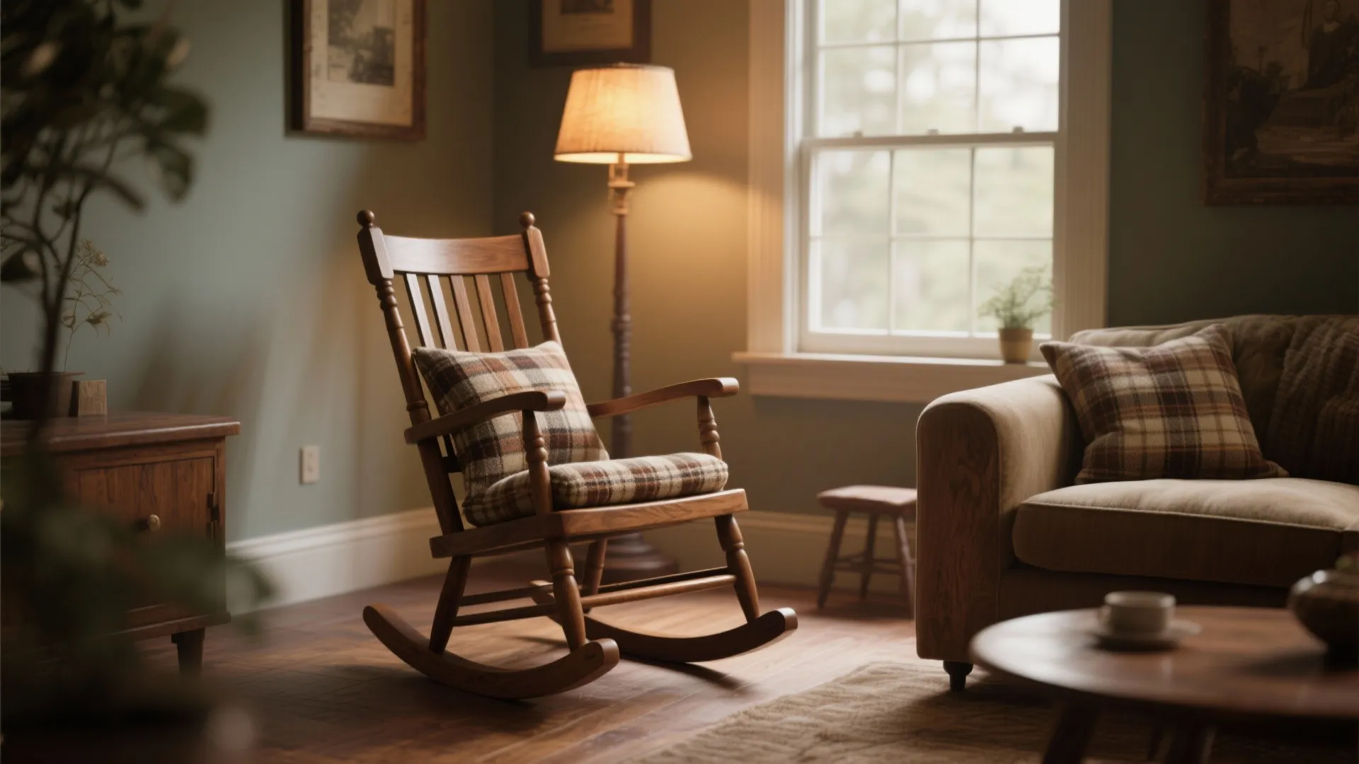 2. Vintage Wooden Rocker with Plaid Cushion