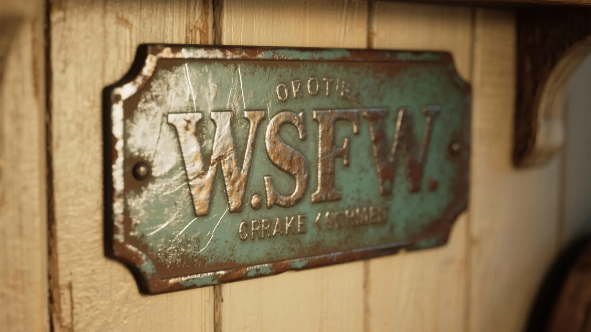 Weathered green metal sign with letters mounted on light wooden wall in a rustic kitchen area