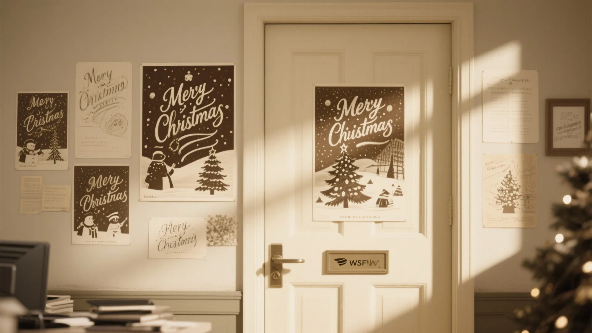 Office door with vintage Christmas postcard design and sepia prints