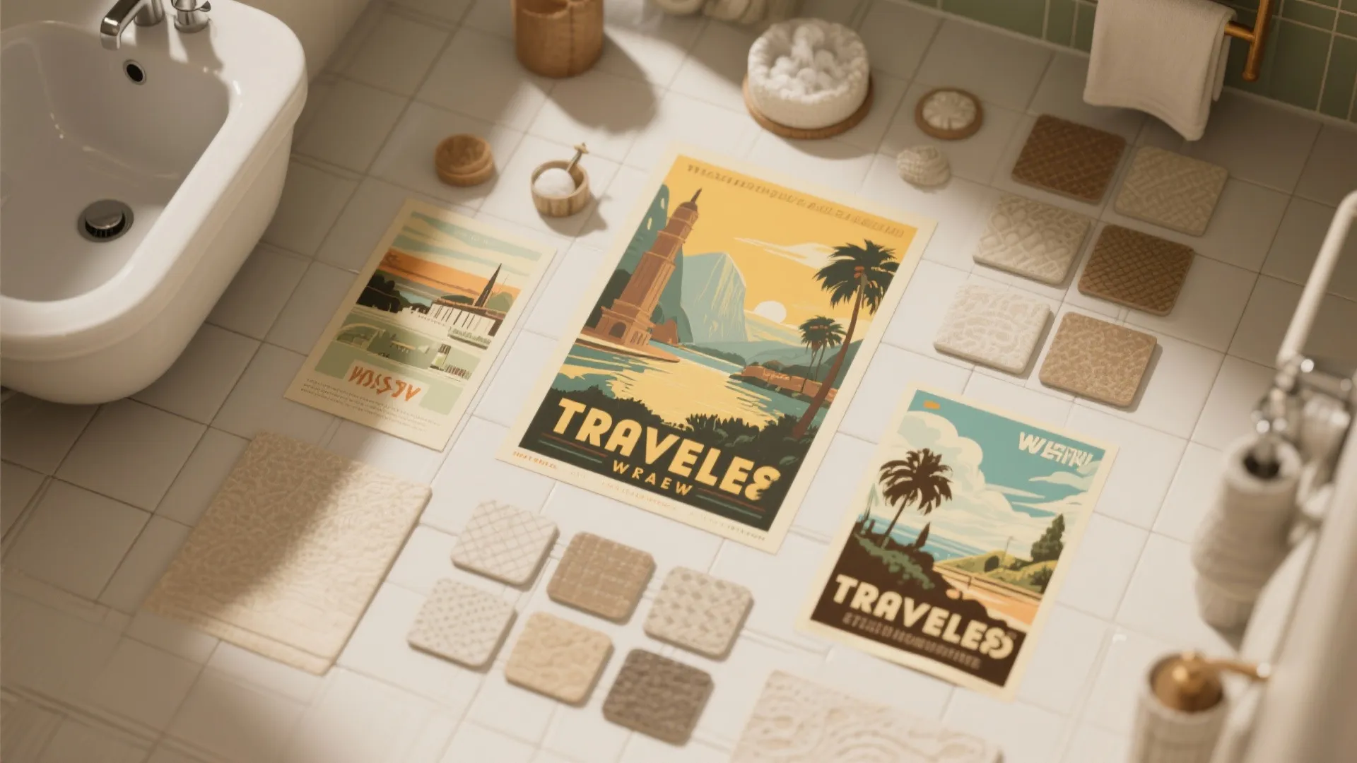 Overhead view of travel posters and tile samples arranged on bathroom floor near a white sink