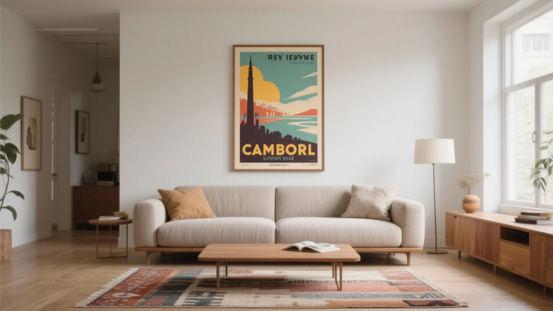 Modern living room with beige sofa wood coffee table vintage wall art and floor lamp