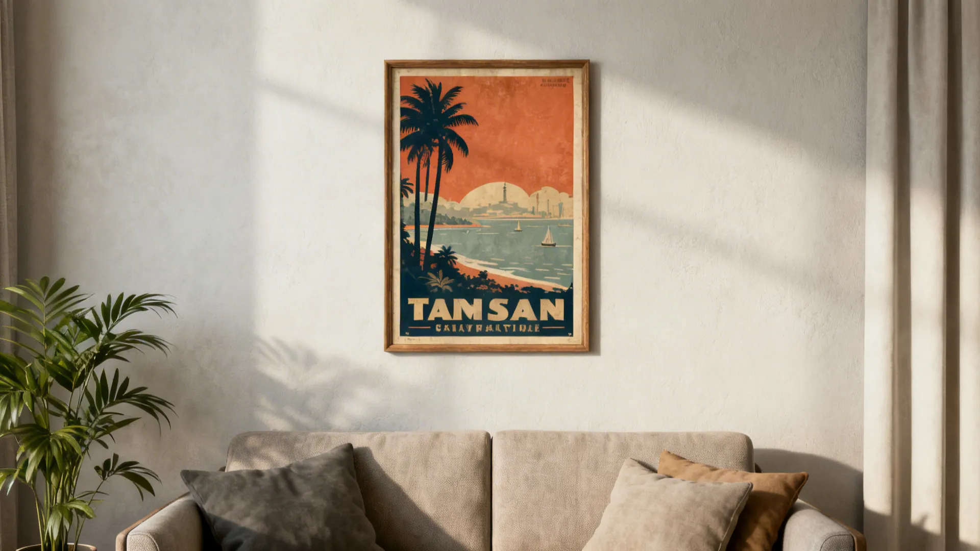 A bold vintage travel poster balanced with neutral decor in a small lounge.