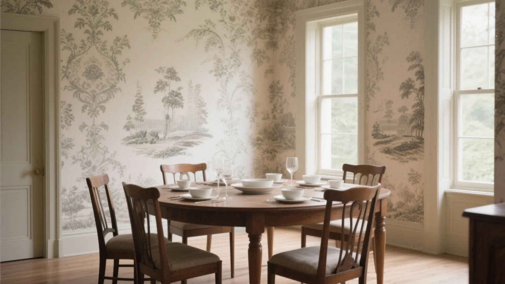 Dining room with vintage damask wallpaper and classic wooden furniture