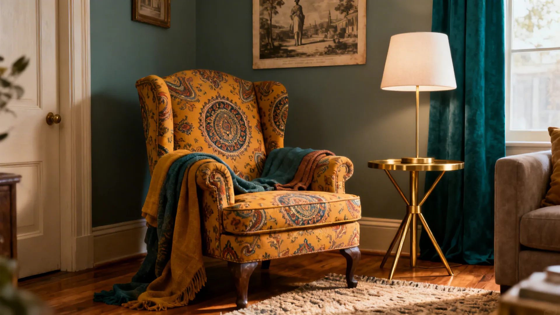 Cozy small parlor with a vintage-inspired printed accent chair and brass details