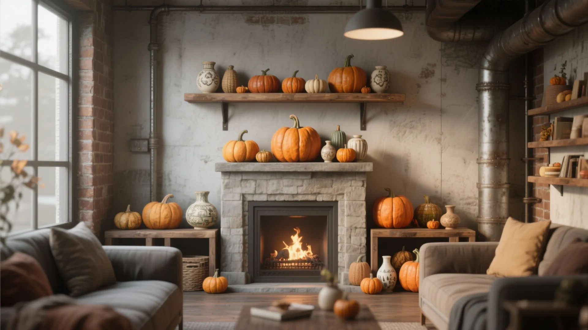 Living room with orange pumpkins on fireplace mantel and shelf near a warm burning fire