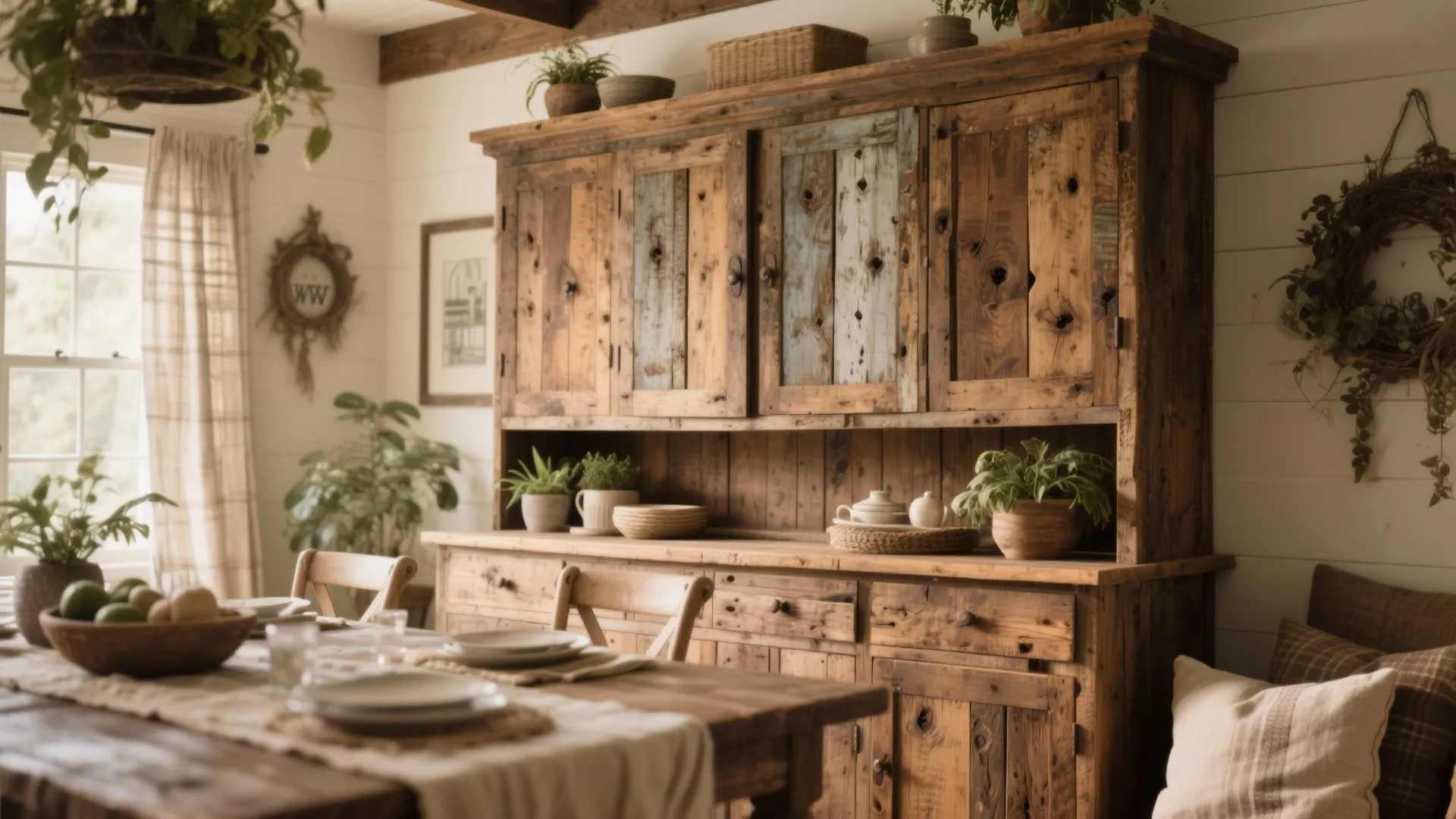 Rustic reclaimed wood cabinet with many small drawers and shelves holding potted plants and items