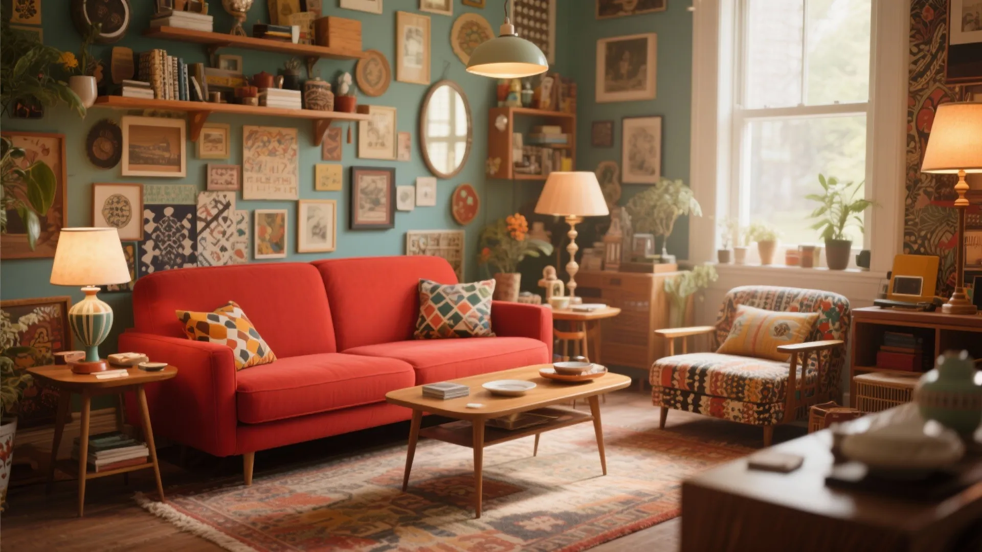 Retro living room with red sofa pattern rug wooden coffee table gallery wall and lamps