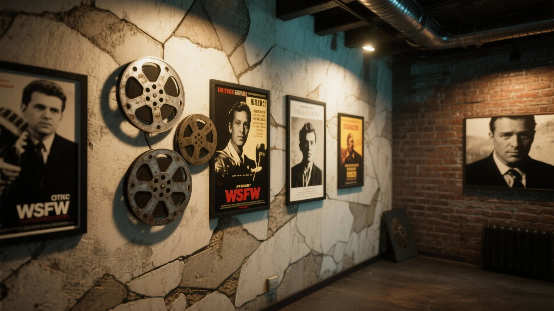 Gallery wall with vintage film reels, posters, and photos in a loft space