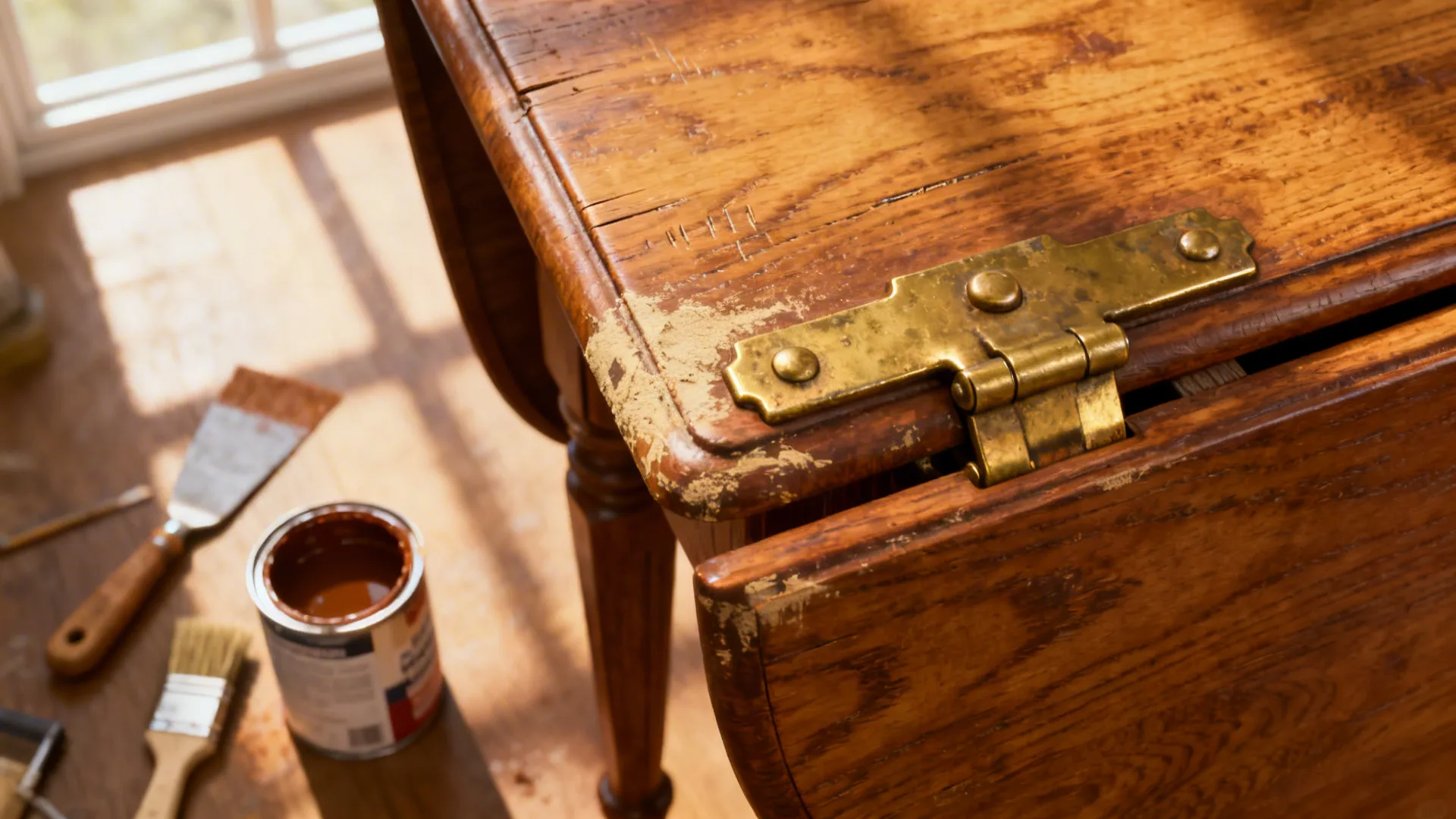 Close-up of a vintage drop leaf table being refinished, showing wood grain and brass hinges.
