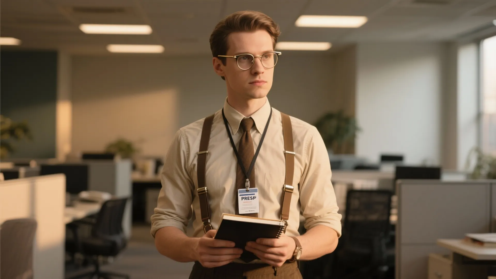 Colleague dressed as old-time reporter with suspenders and notebook