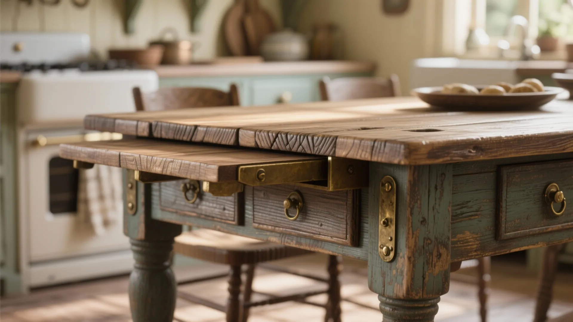 Rustic wooden kitchen table with weathered green paint features a sliding extension and vintage brass hardware
