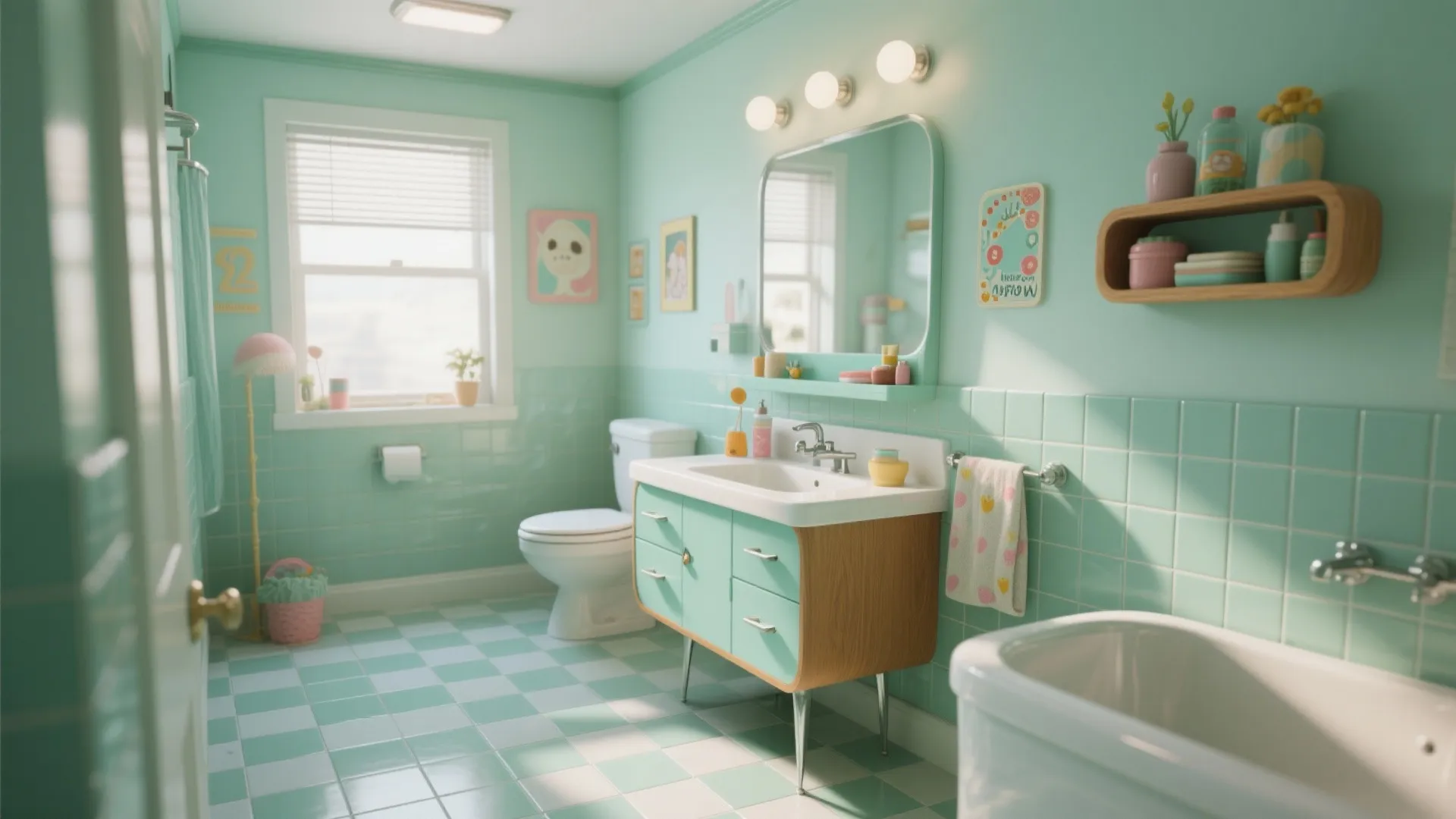 Vintage style mint green bathroom with checkered floor tiles wooden vanity sink and white toilet bowl