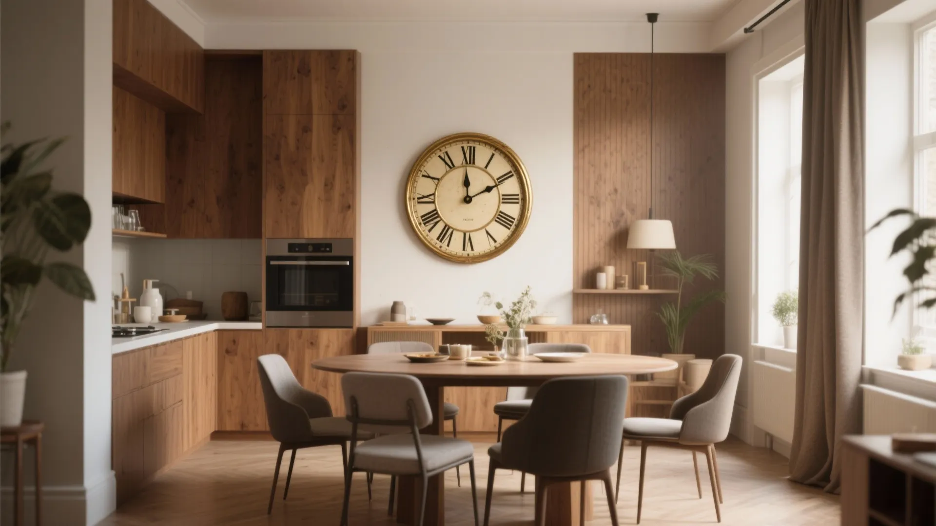 Modern dining room with round wooden table grey chairs large wall clock and wooden kitchen cabinets
