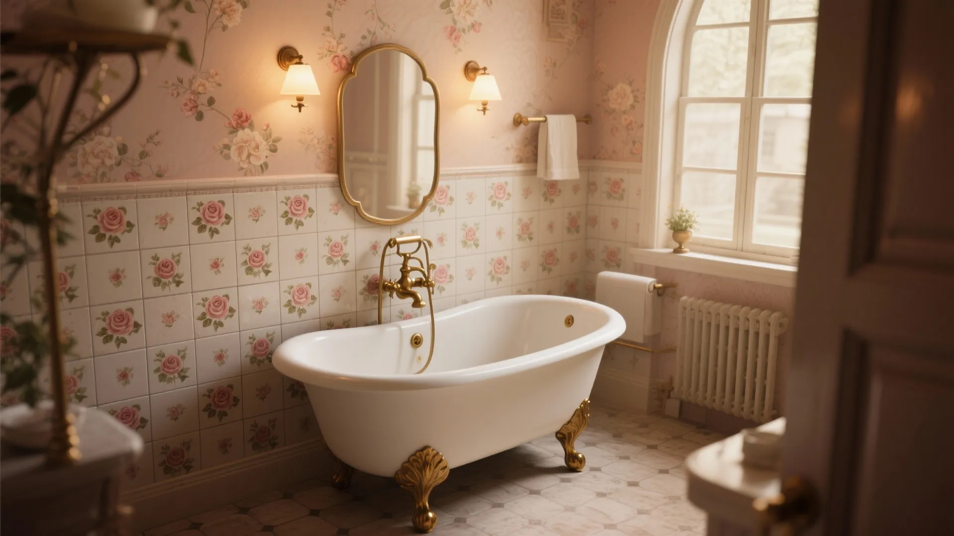 Vintage bathroom with white bathtub gold legs rose wallpaper wall light mirror and arched window view