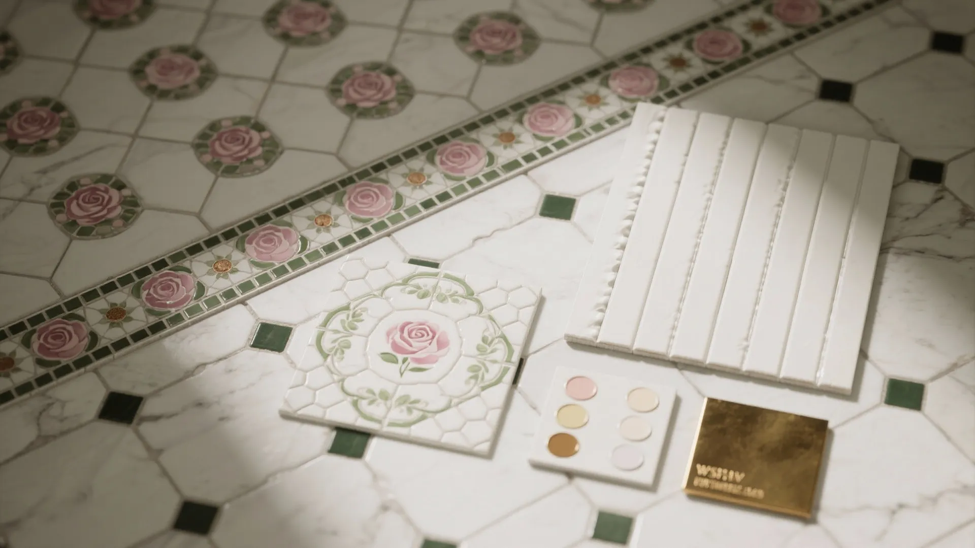Rose patterned floor tiles with white ceramic strips, color samples, and a gold decorative plate
