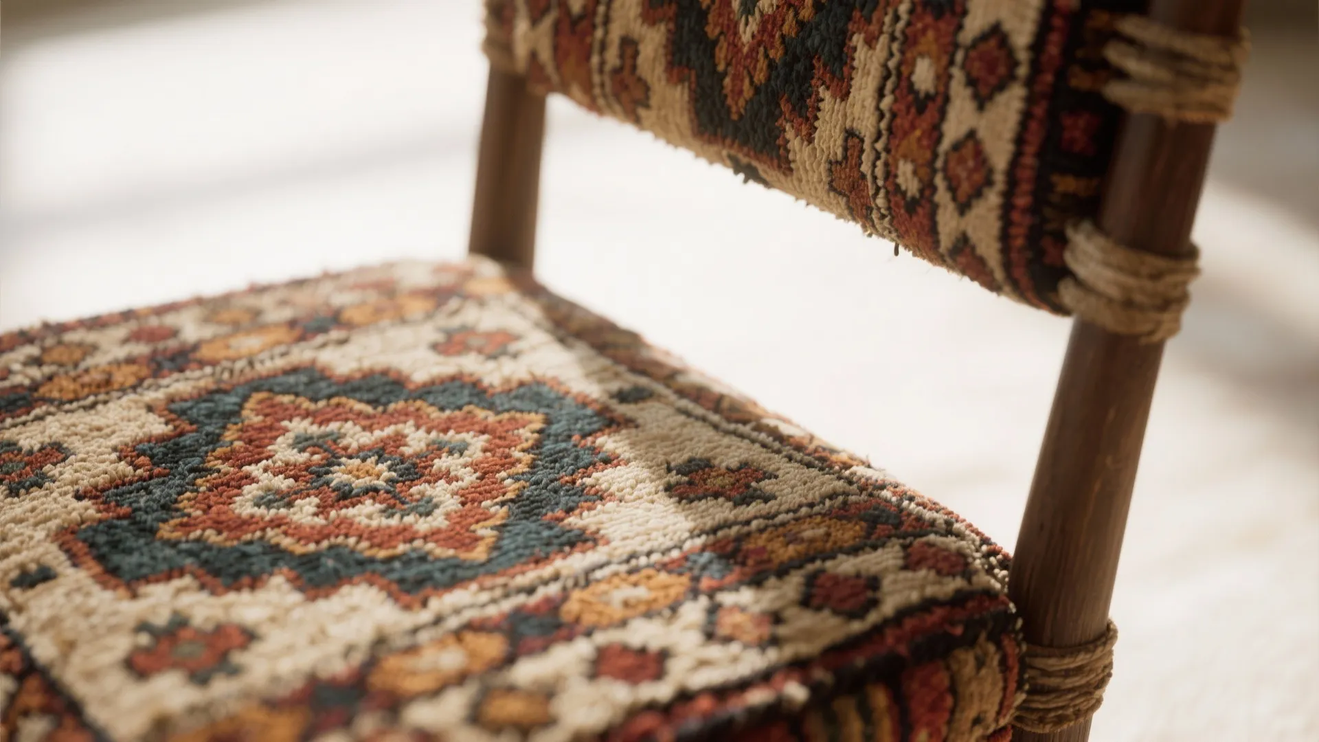 Close up view of a wooden chair with a patterned fabric seat and backrest design