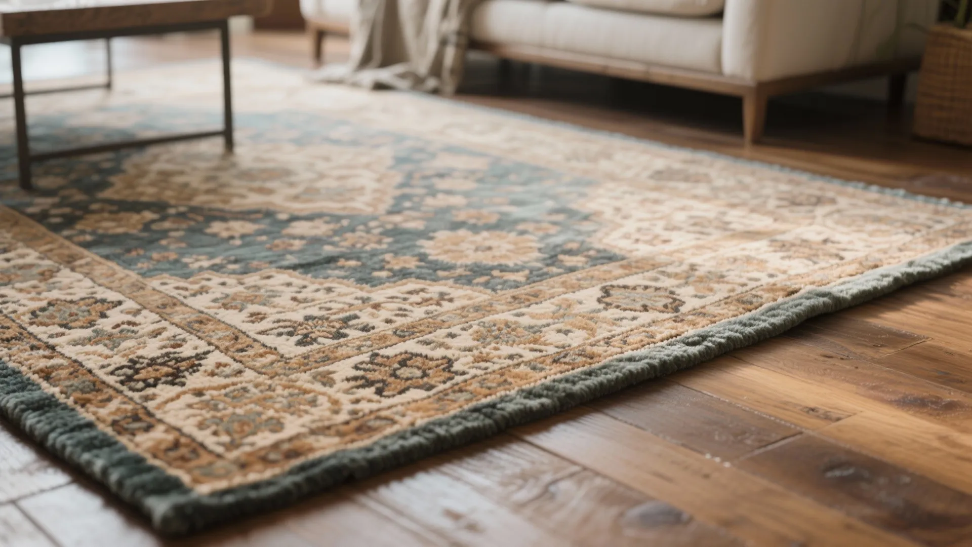 Vintage area rug with detailed floral pattern on wood floor in living room with sofa