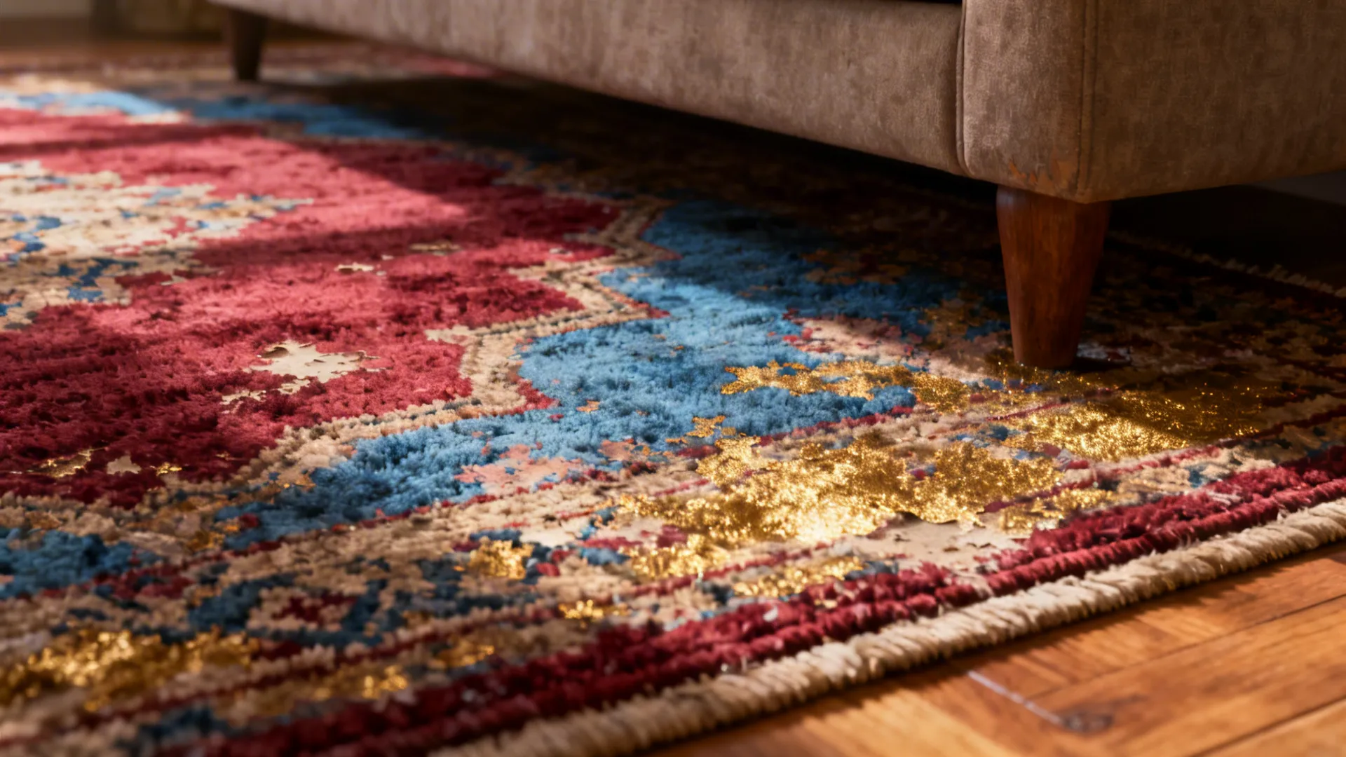 Close-up of a vintage-inspired rug with faded crimsons, indigos and golds showing worn texture