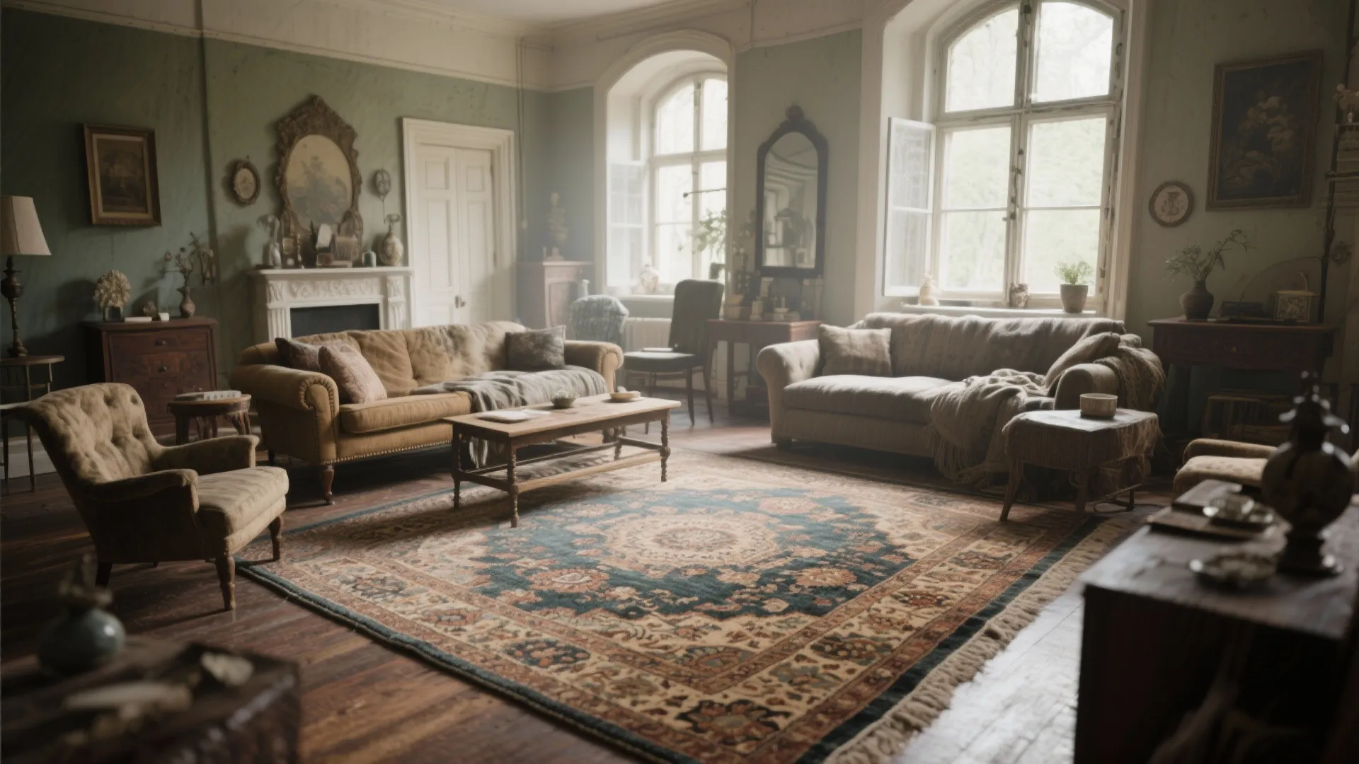 Classic living room with large patterned floor rug two sofas coffee table and tall windows