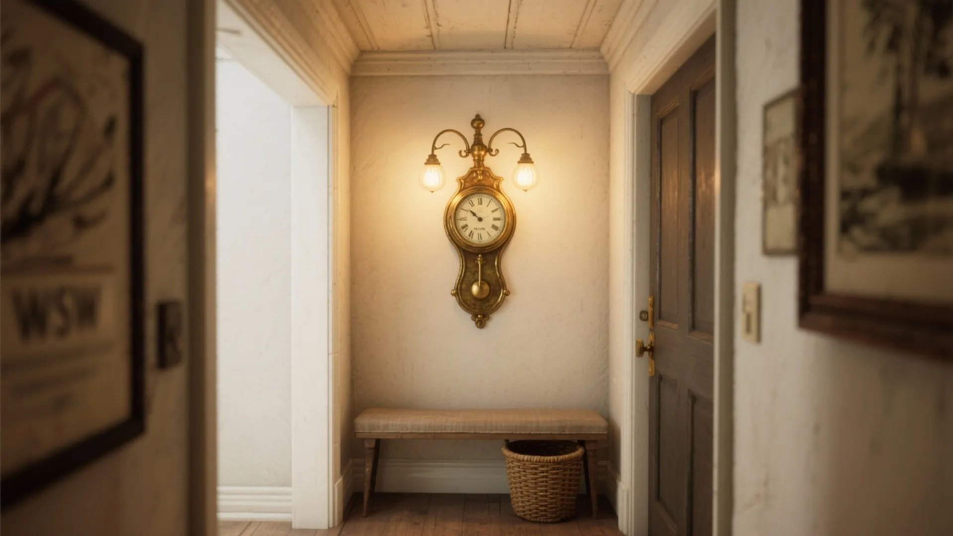 Traditional wall clock with built in wall light above a bench in a home hallway