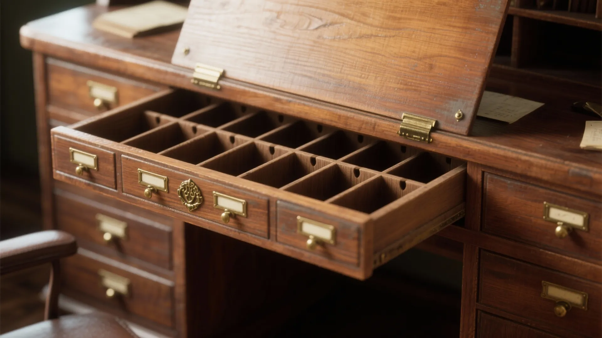 Classic wooden cabinet desk with open drawer showing small storage compartments and golden metal handle details