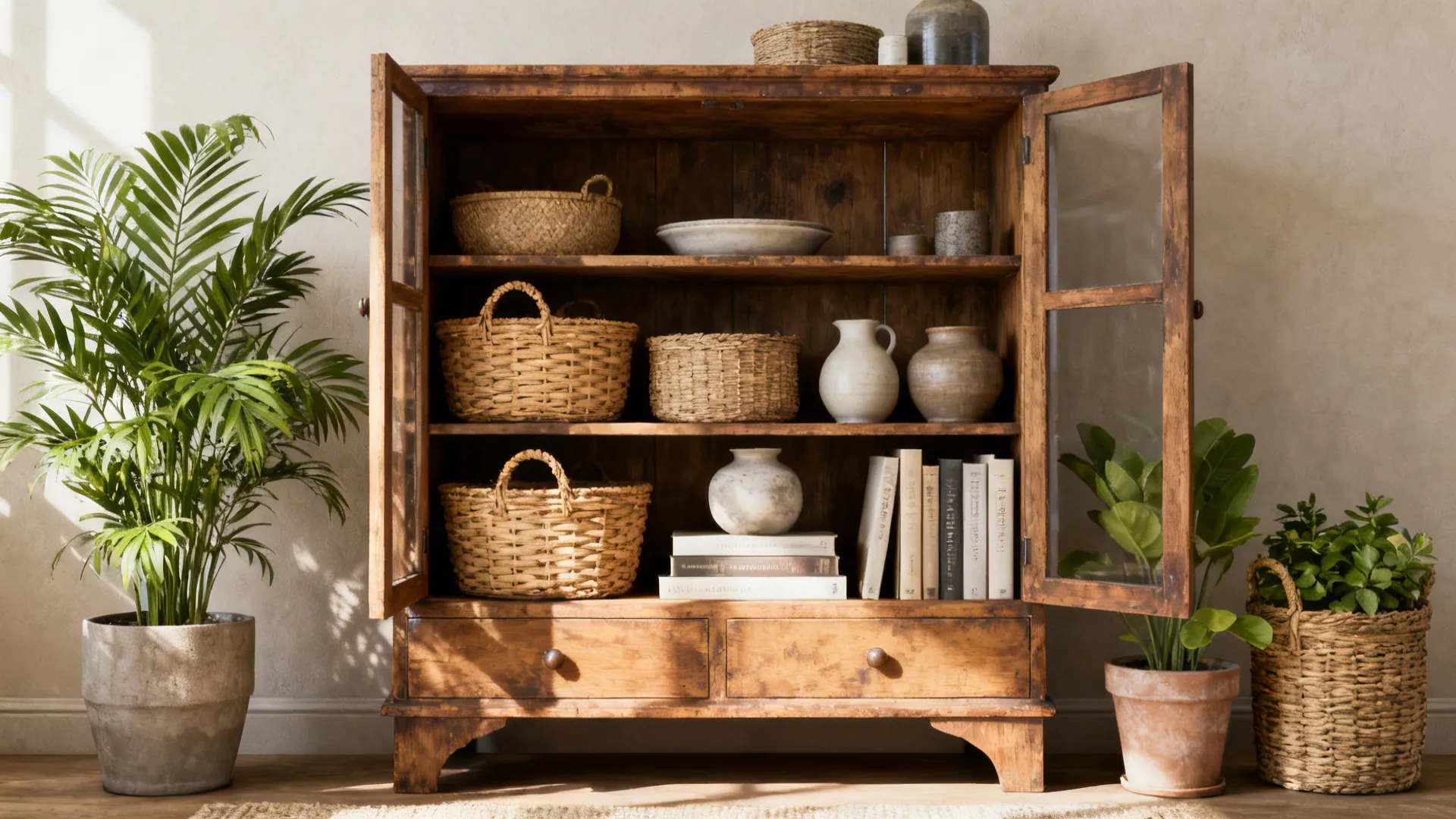 Vintage cabinet and open shelves styled with baskets, ceramics, books and plants