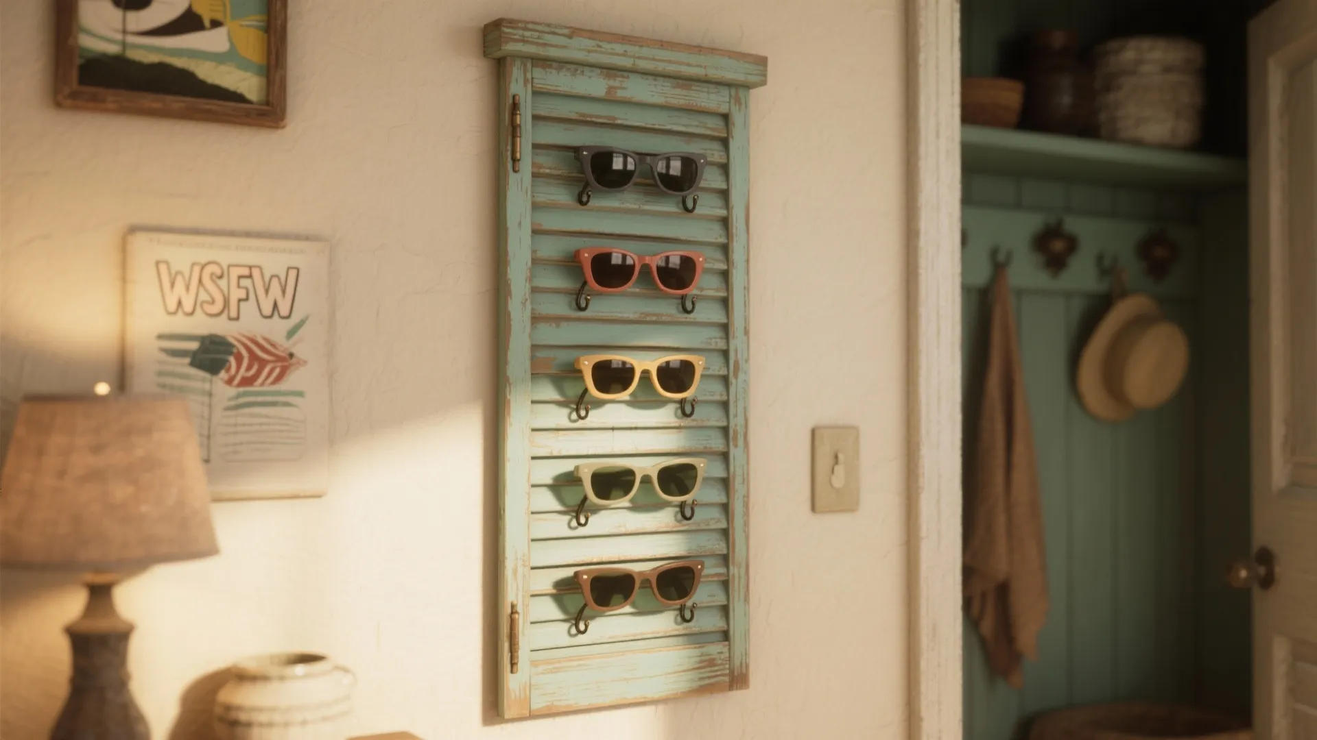 Vintage blue window shutter wall rack holding five colorful pairs of sunglasses in a cozy room