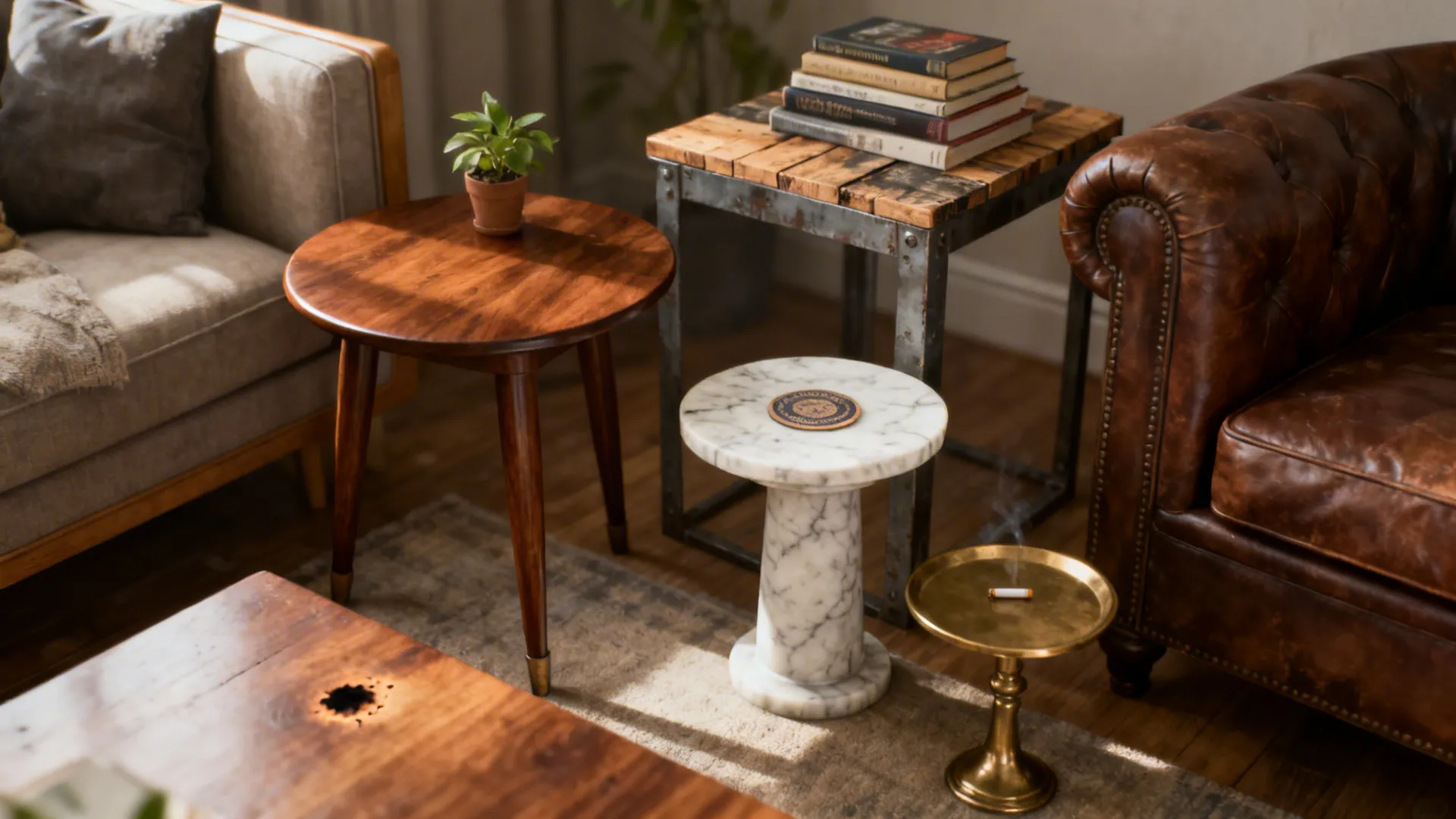 Collection of small side tables in different styles placed near leather sofa in vintage room