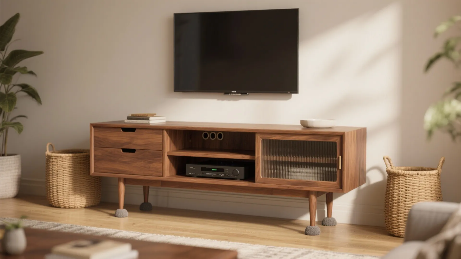 Mid century wooden cabinet under wall mounted television with baskets indoor plants and natural sunlight