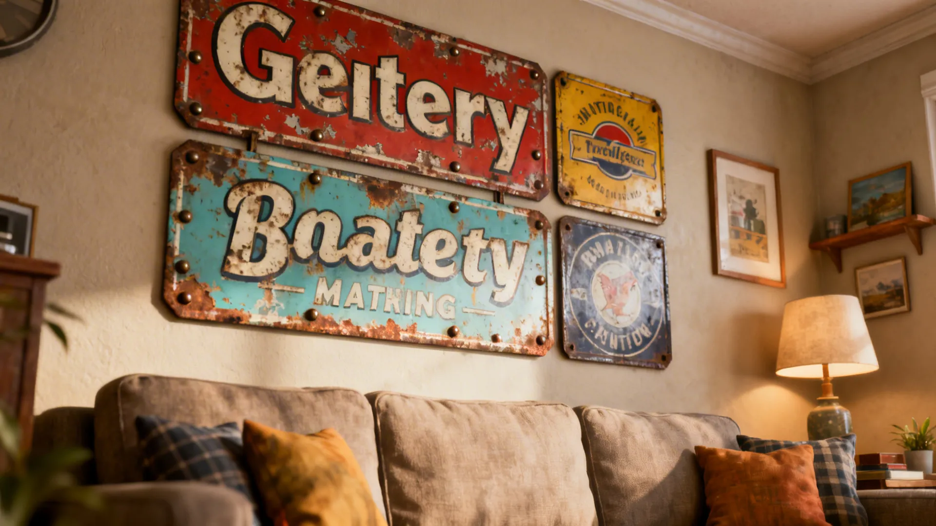 Repurposed tin and enamel vintage signage mounted above a small living room sofa.