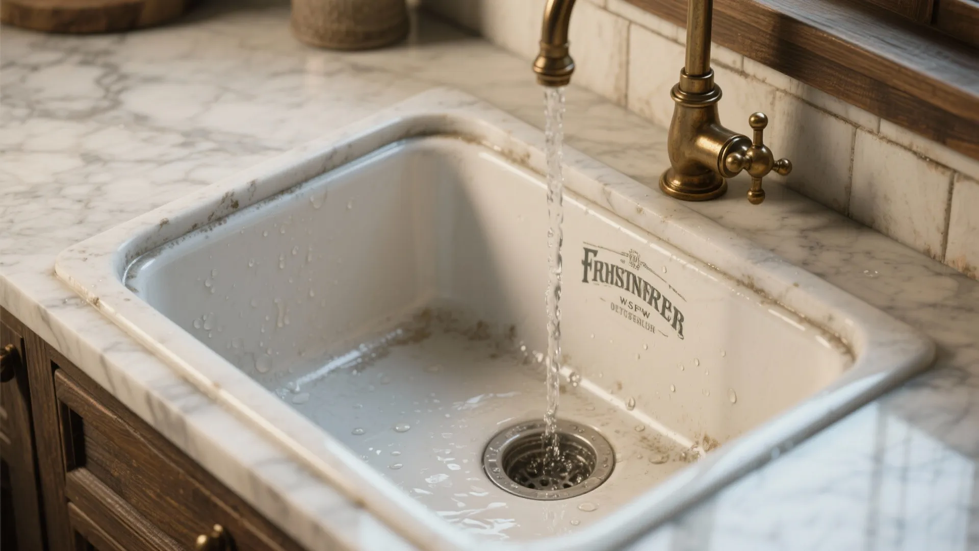 White kitchen sink with running water from gold faucet on marble countertop with dark wooden cabinets
