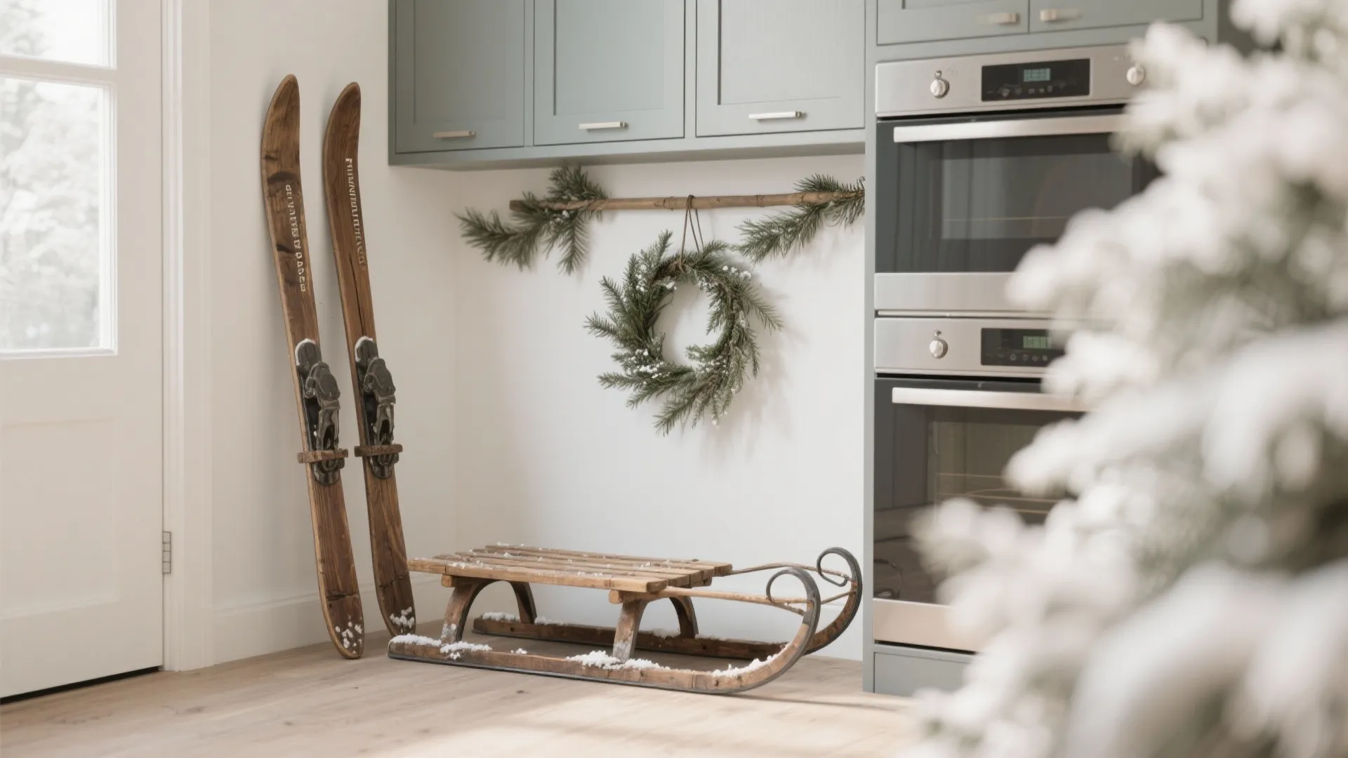 Vintage wooden skis and sled decoration in a kitchen with green cabinets and Christmas wreath