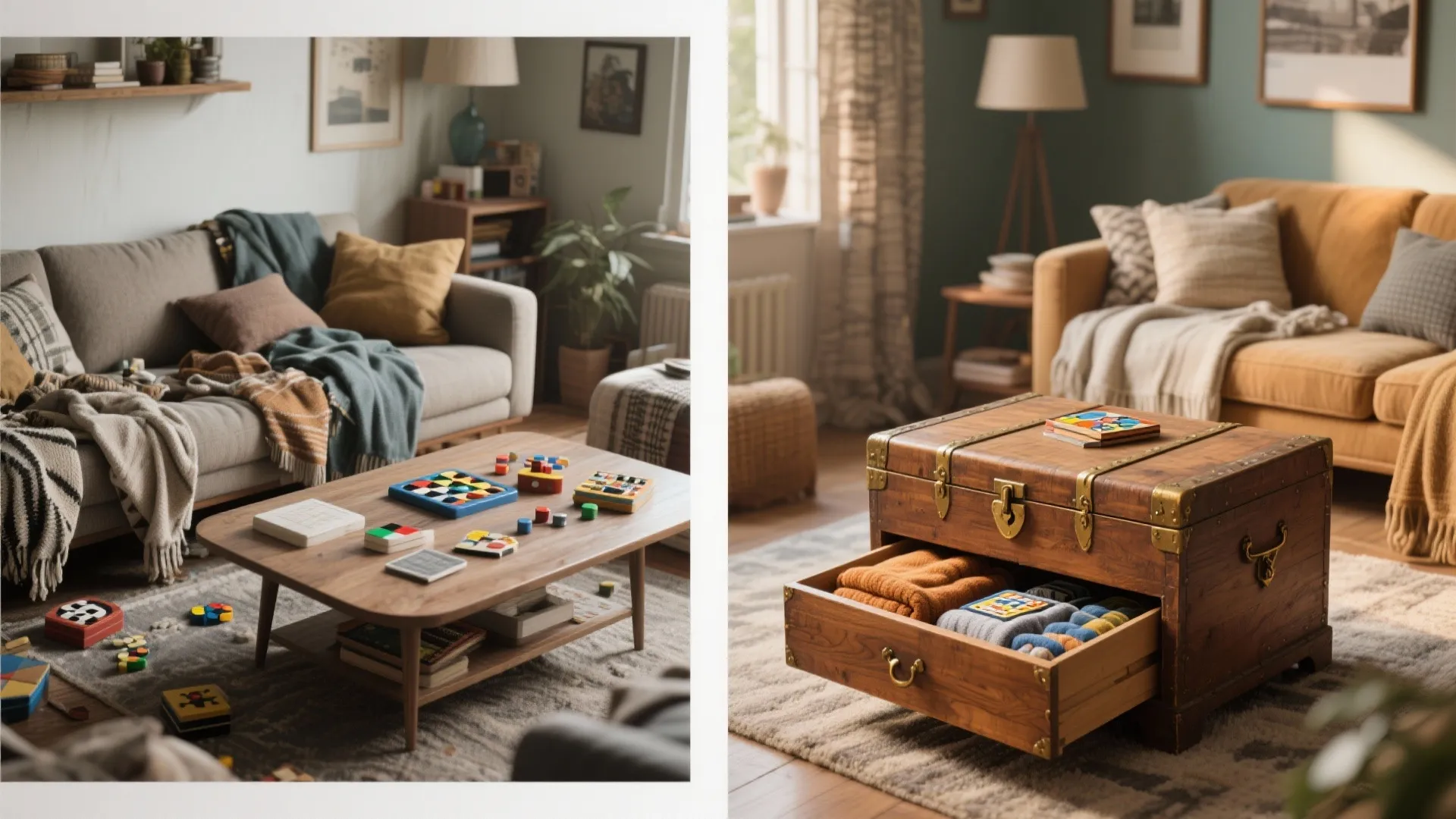 Comparison of a simple wooden coffee table and a vintage trunk used for living storage