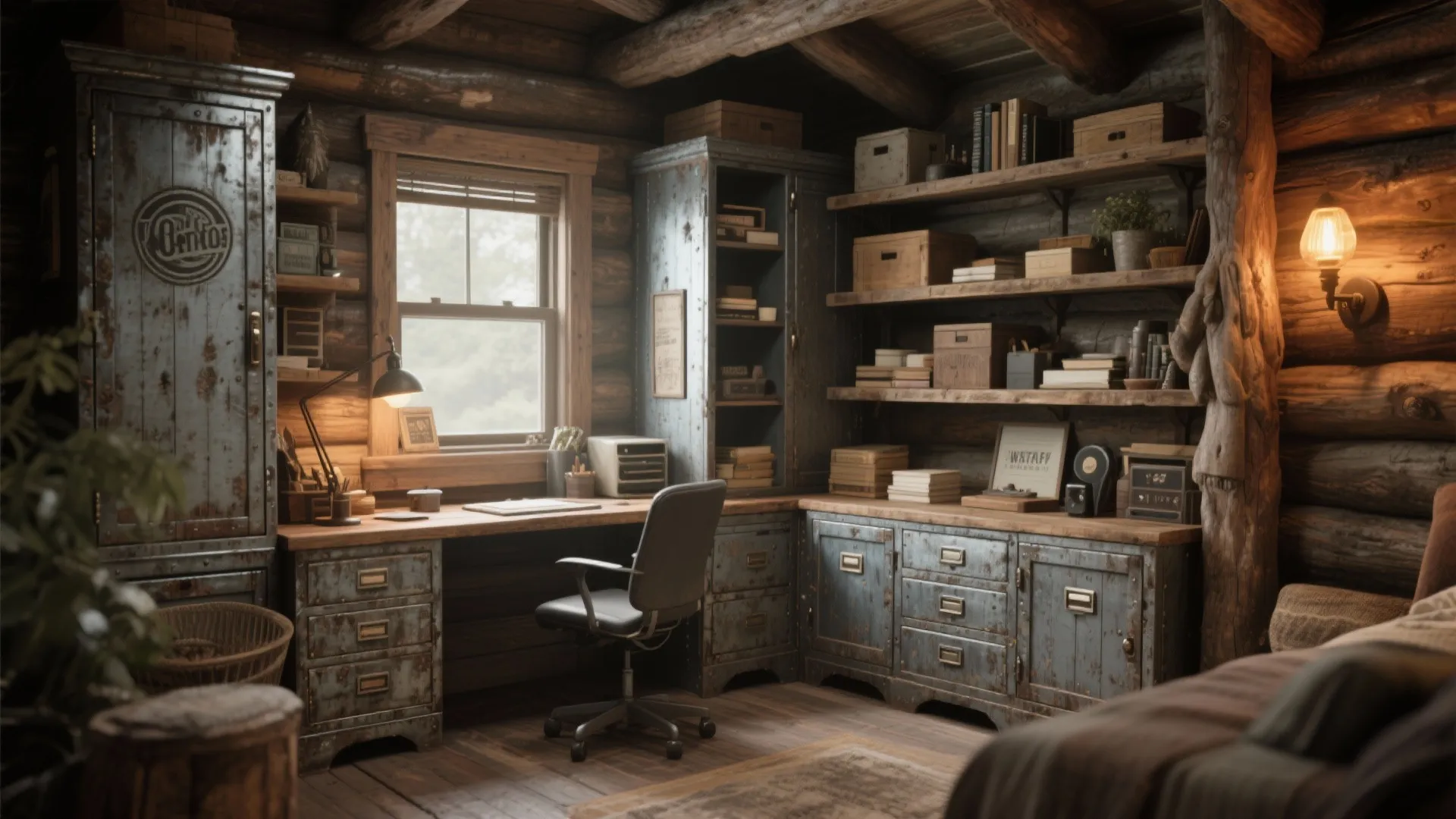 Rustic home office with wooden walls metal cabinets a corner desk black chair and window