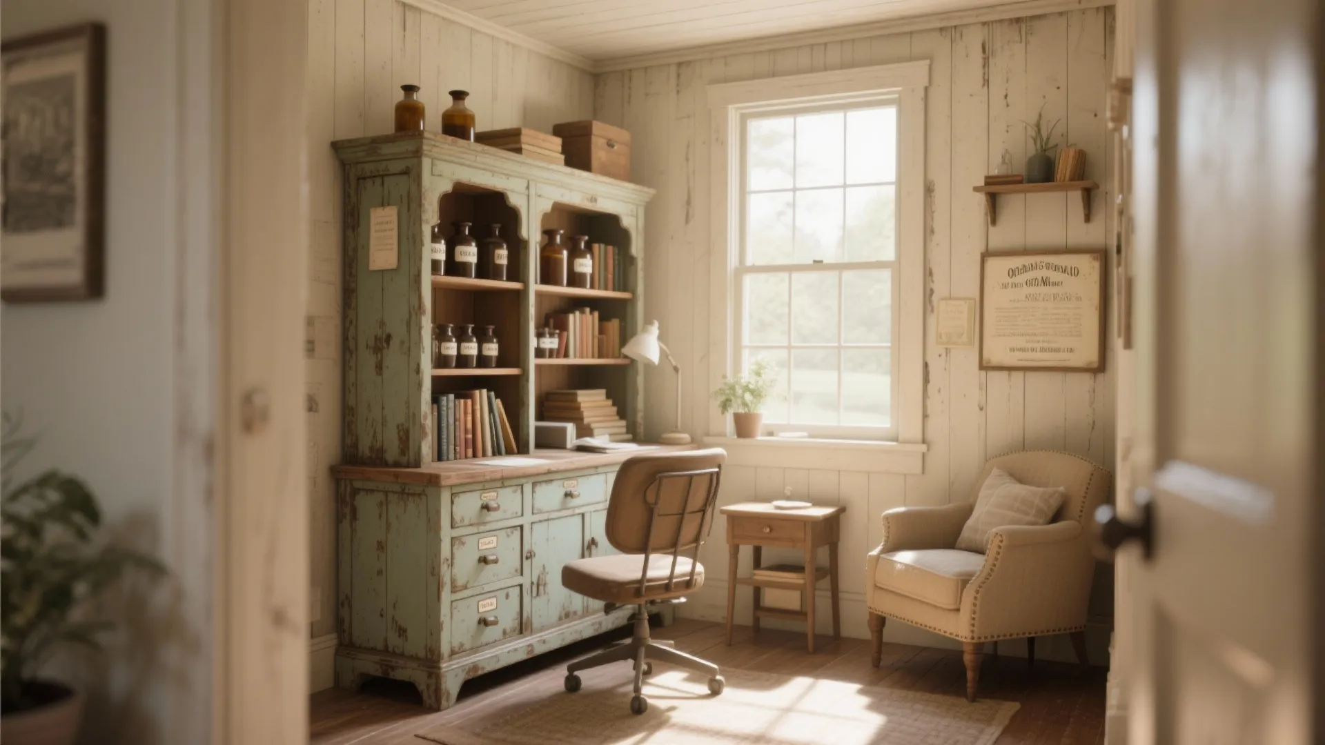 Vintage home office with a green cabinet desk chair arm chair window and natural light