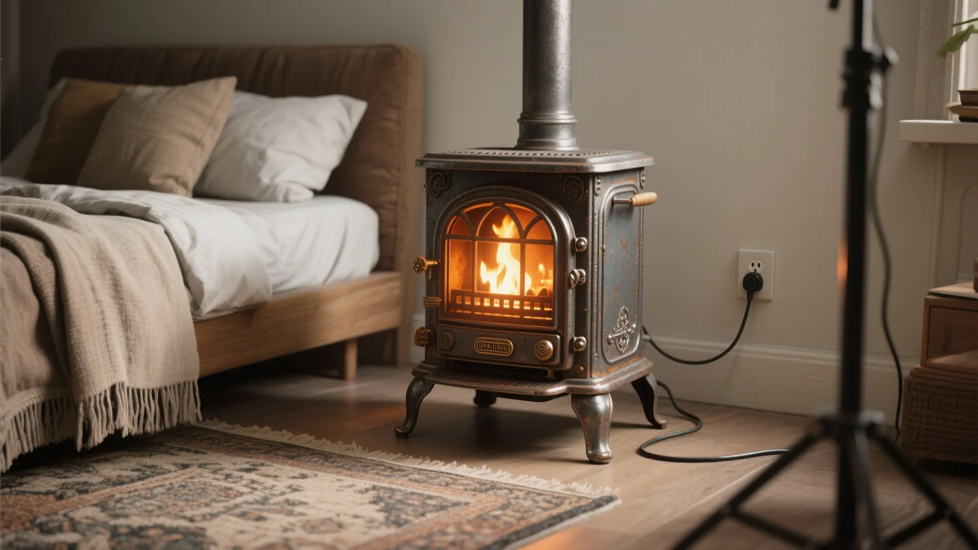 Cozy bedroom with vintage metal heater on wood floor plus bed and patterned area rug