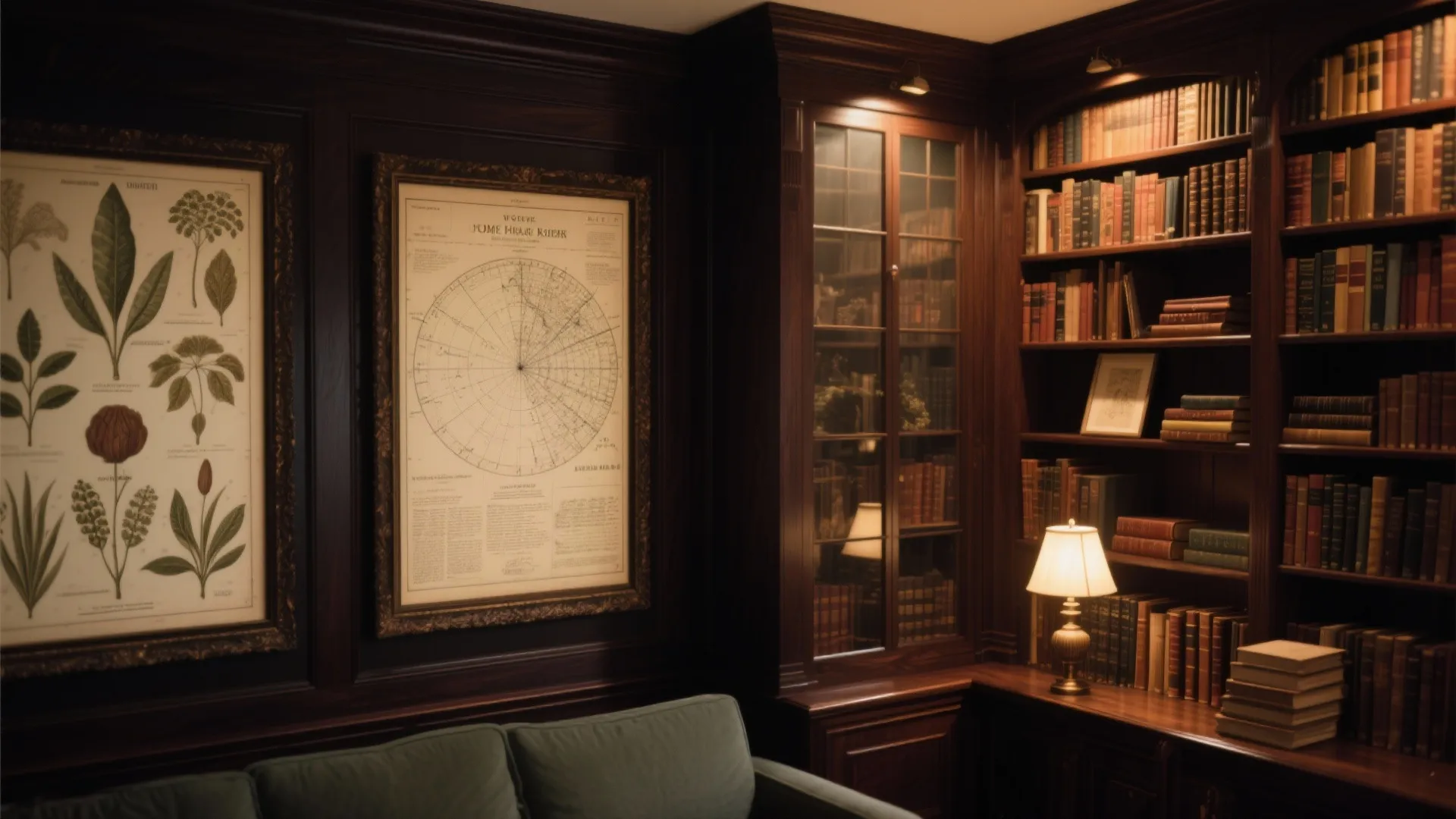 Classic study room featuring dark wood bookshelf wall with vintage botanical maps and table lamp