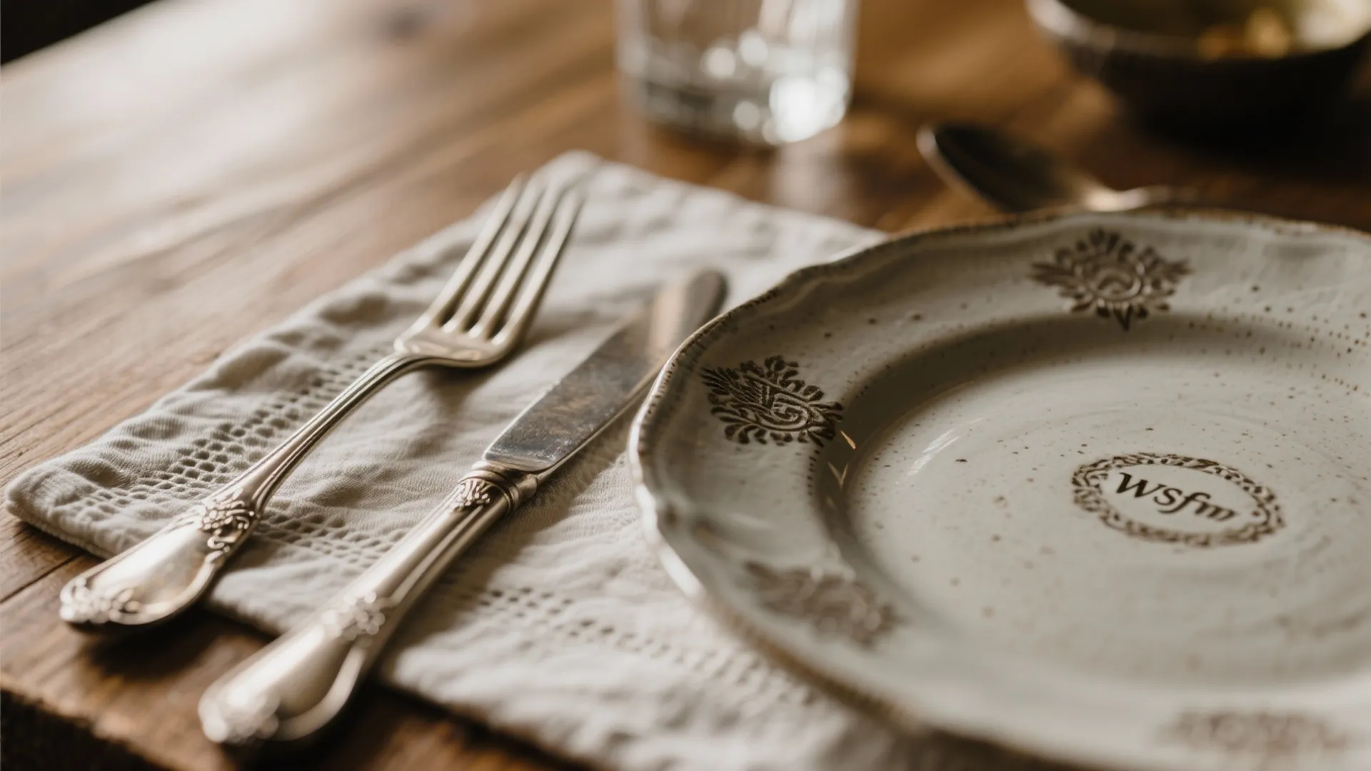 Vintage dining plate with fork and knife on a white cloth over a wooden table