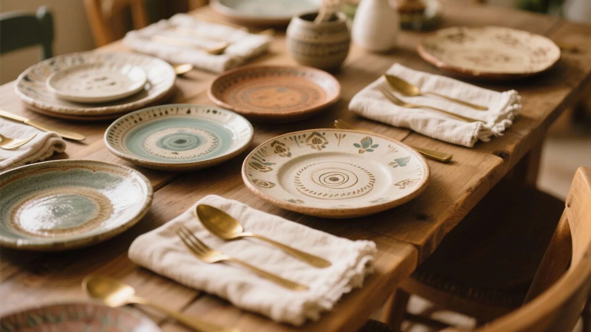 Close up view of ceramic plates and gold cutlery on white napkins over wooden table