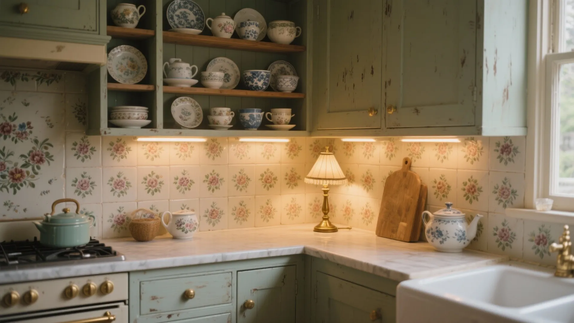 Vintage kitchen with green cabinets floral wall tiles small table lamp and ceramic tea set