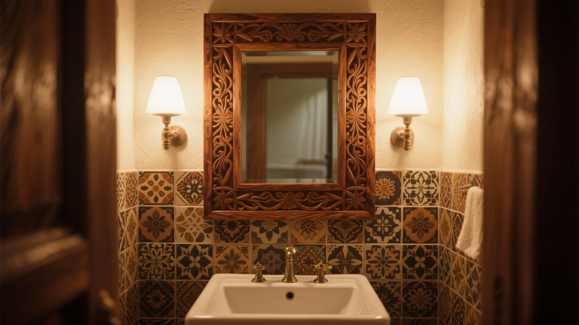 Carved wood mirror above white sink with patterned wall tiles and two warm wall lights