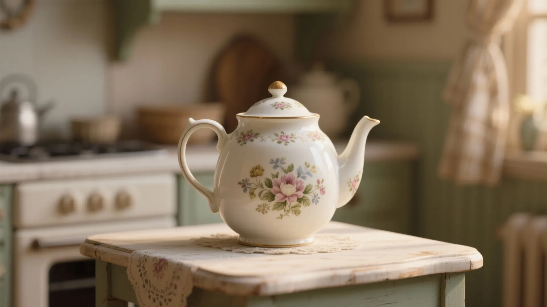 Vintage white ceramic teapot with pink flower patterns on a small wooden kitchen side table