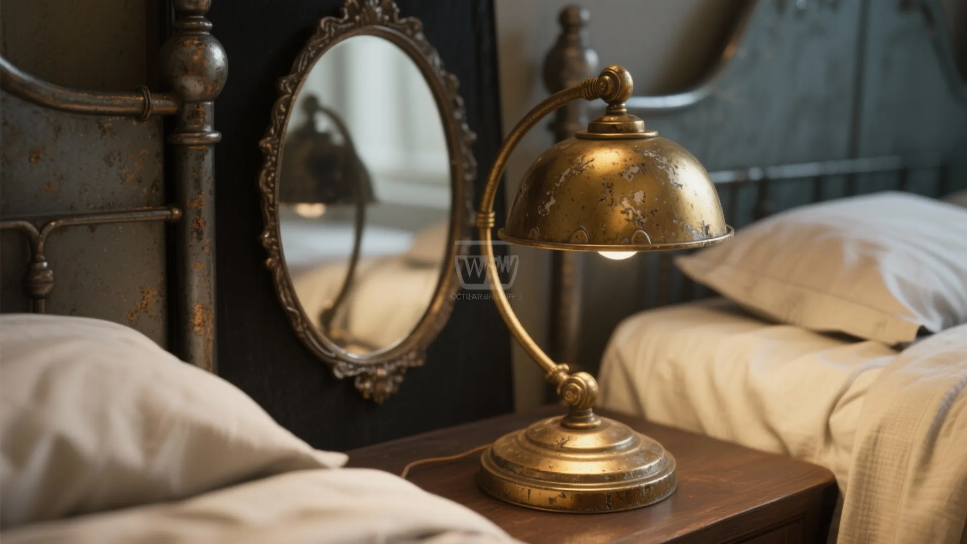 Vintage brass table lamp on wooden nightstand beside metal bed frame and decorative wall mirror