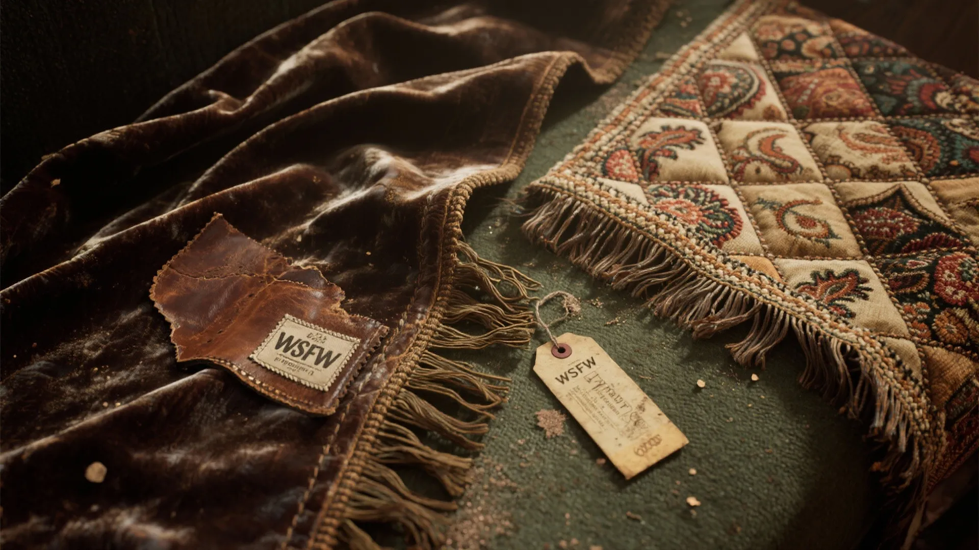 Vintage brown velvet fabric with fringe details and a patterned rug on a green surface