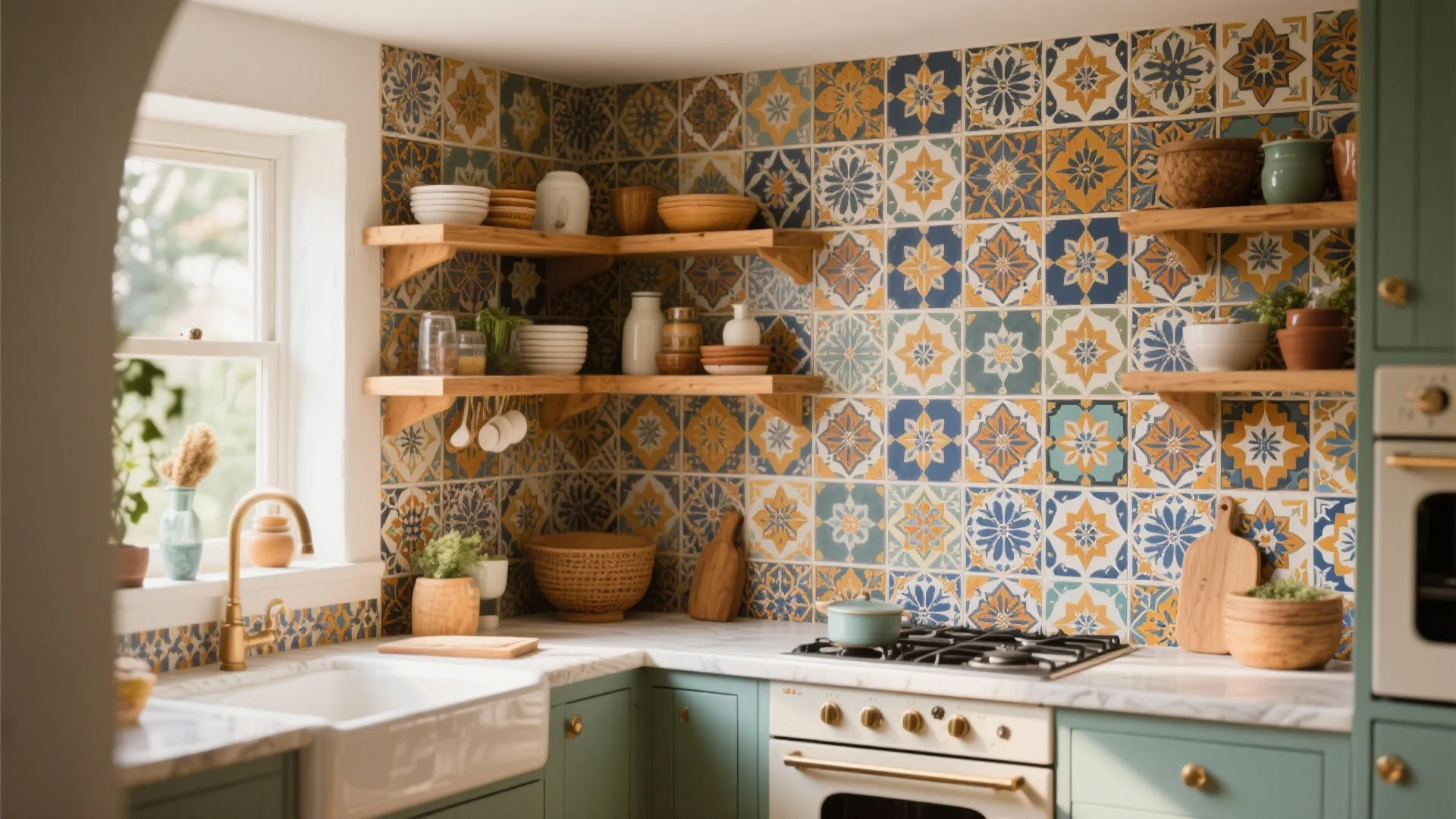 Kitchen with colorful pattern wall tiles, green cabinets, wooden shelves, white sink, and gold faucet