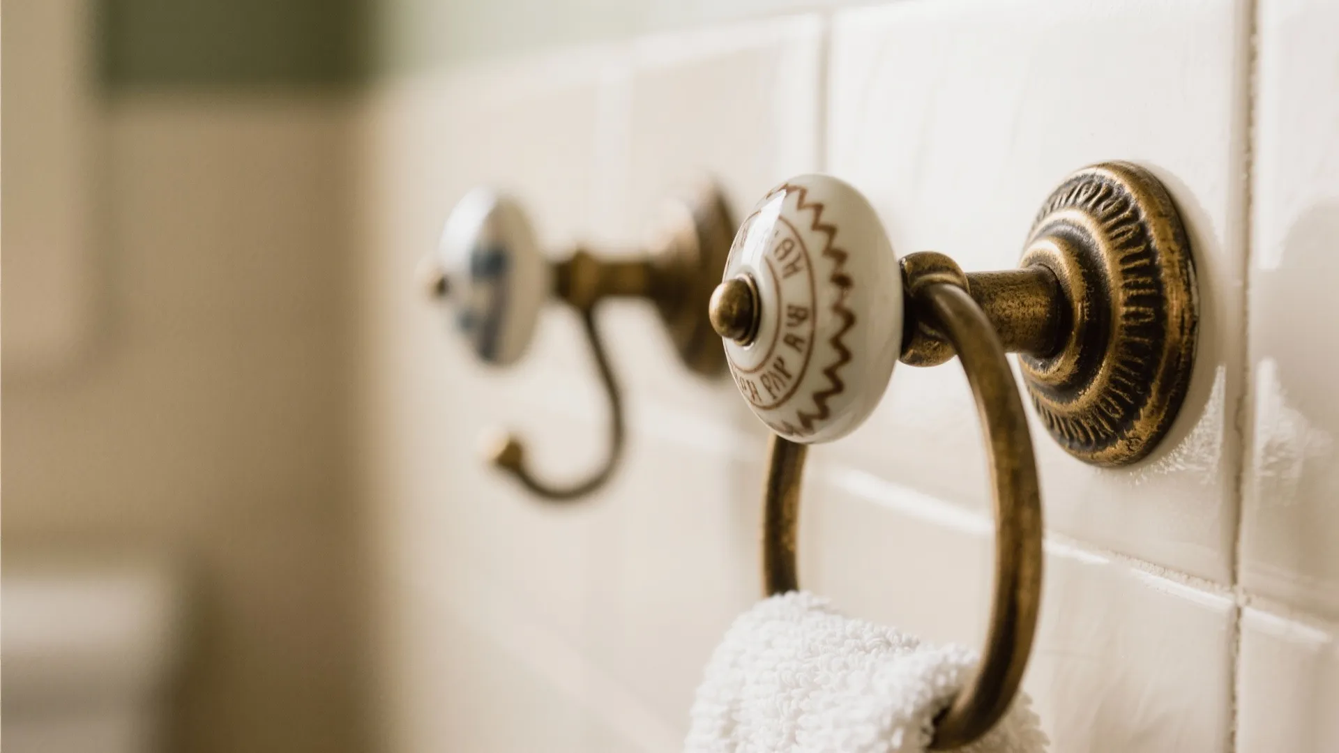 Vintage brass towel hooks with ceramic detail mounted on a white tiled bathroom wall surface