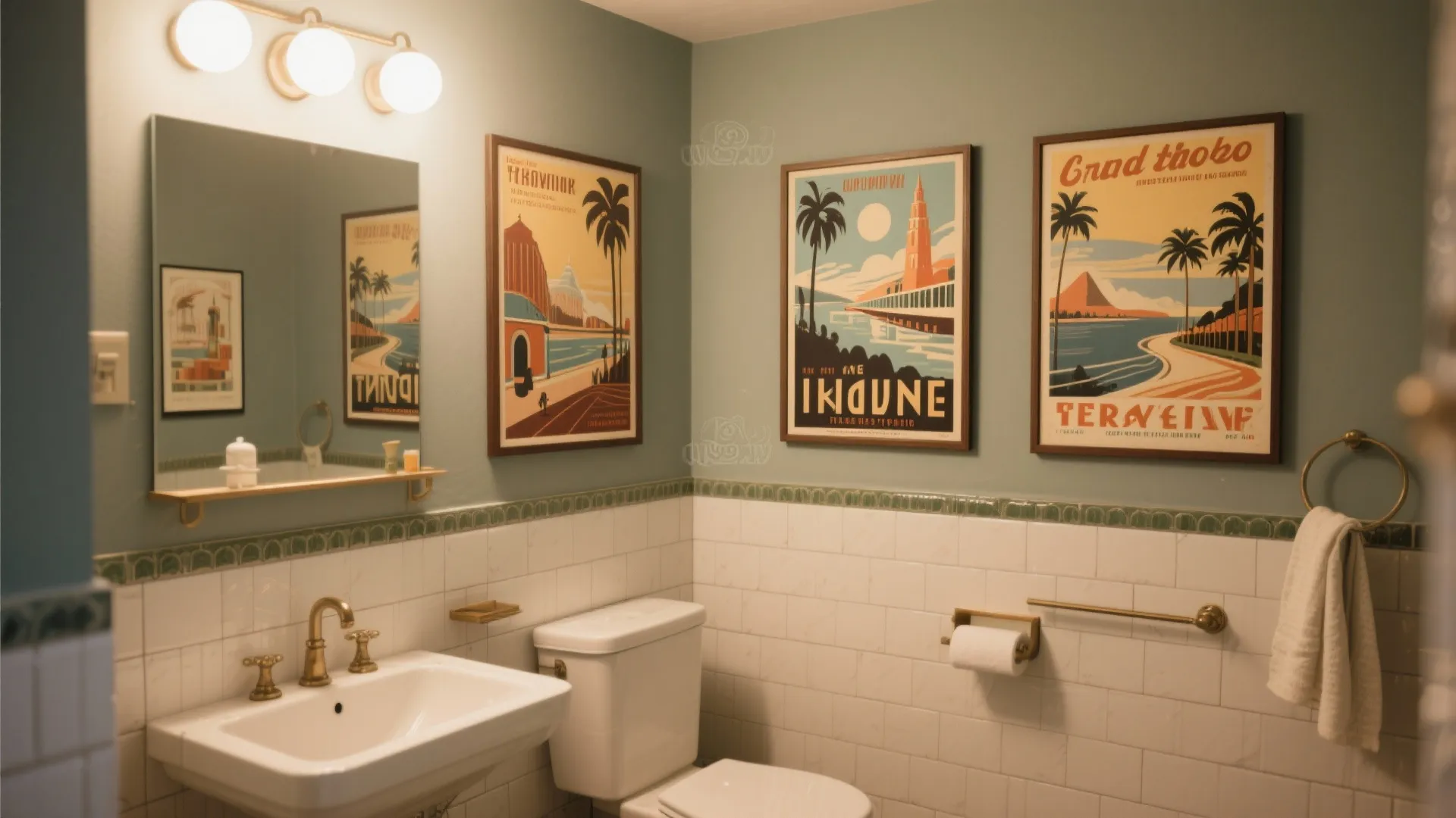 Vintage bathroom featuring sage green walls three travel posters white tiles a sink and toilet