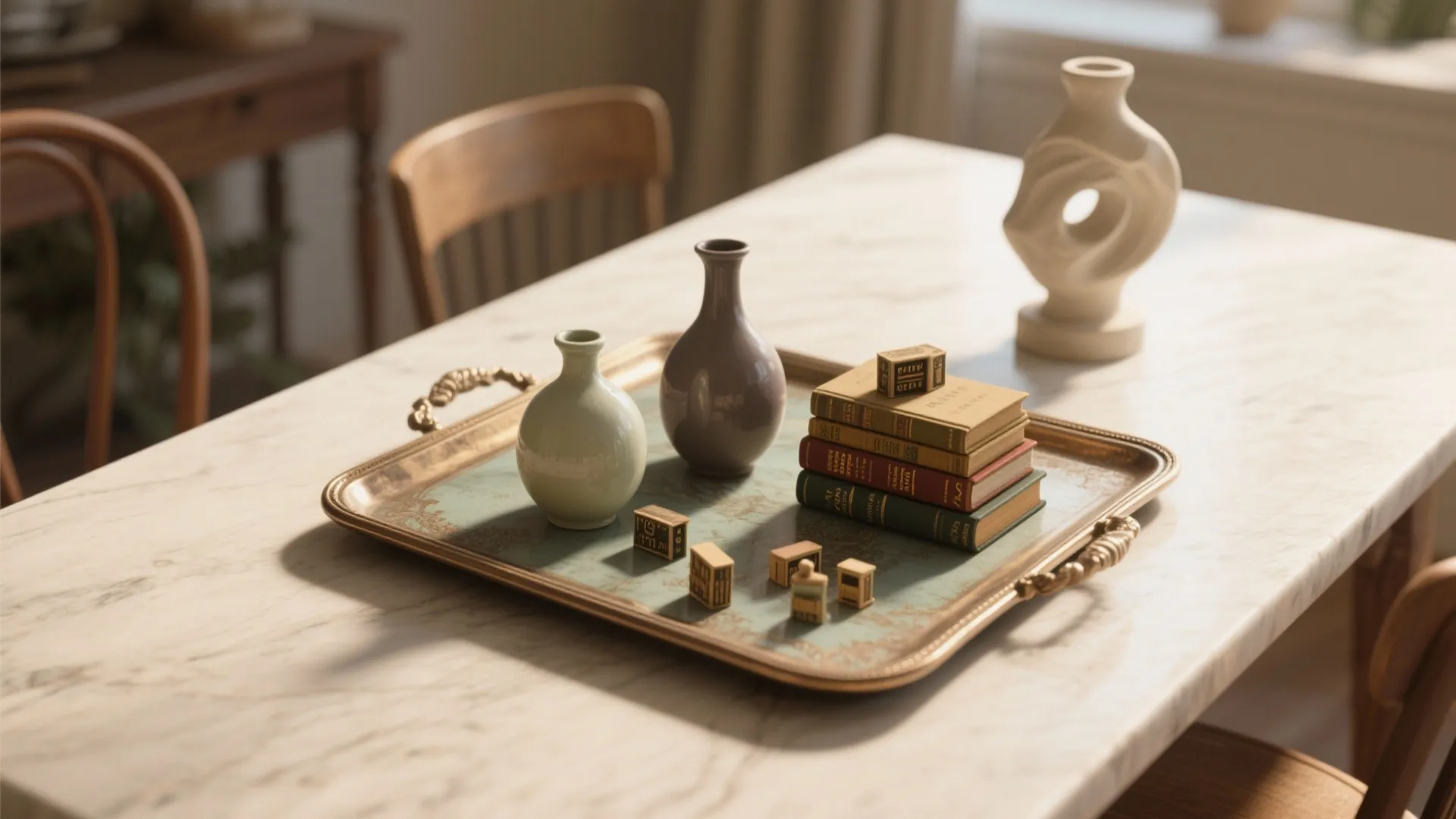Vintage gold tray on marble dining table holding small ceramic vases and stacked miniature books