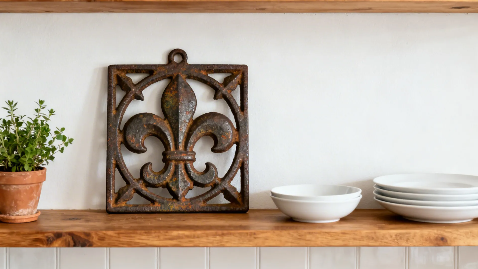 Vintage cast-iron fleur de lis trivet styled as a hero piece on an open kitchen shelf.